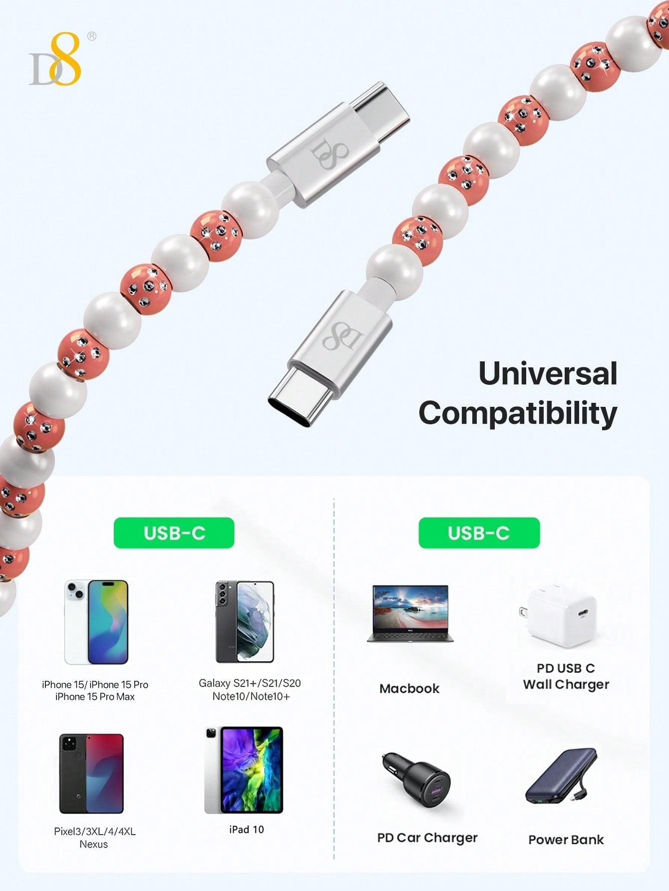 D8 USB C to Type C Cable – 3.3ft PD 60W Fast Charging Cable, Braided Cord, Compatible with iPhone 15/15 Pro, iPad Pro, Galaxy S22