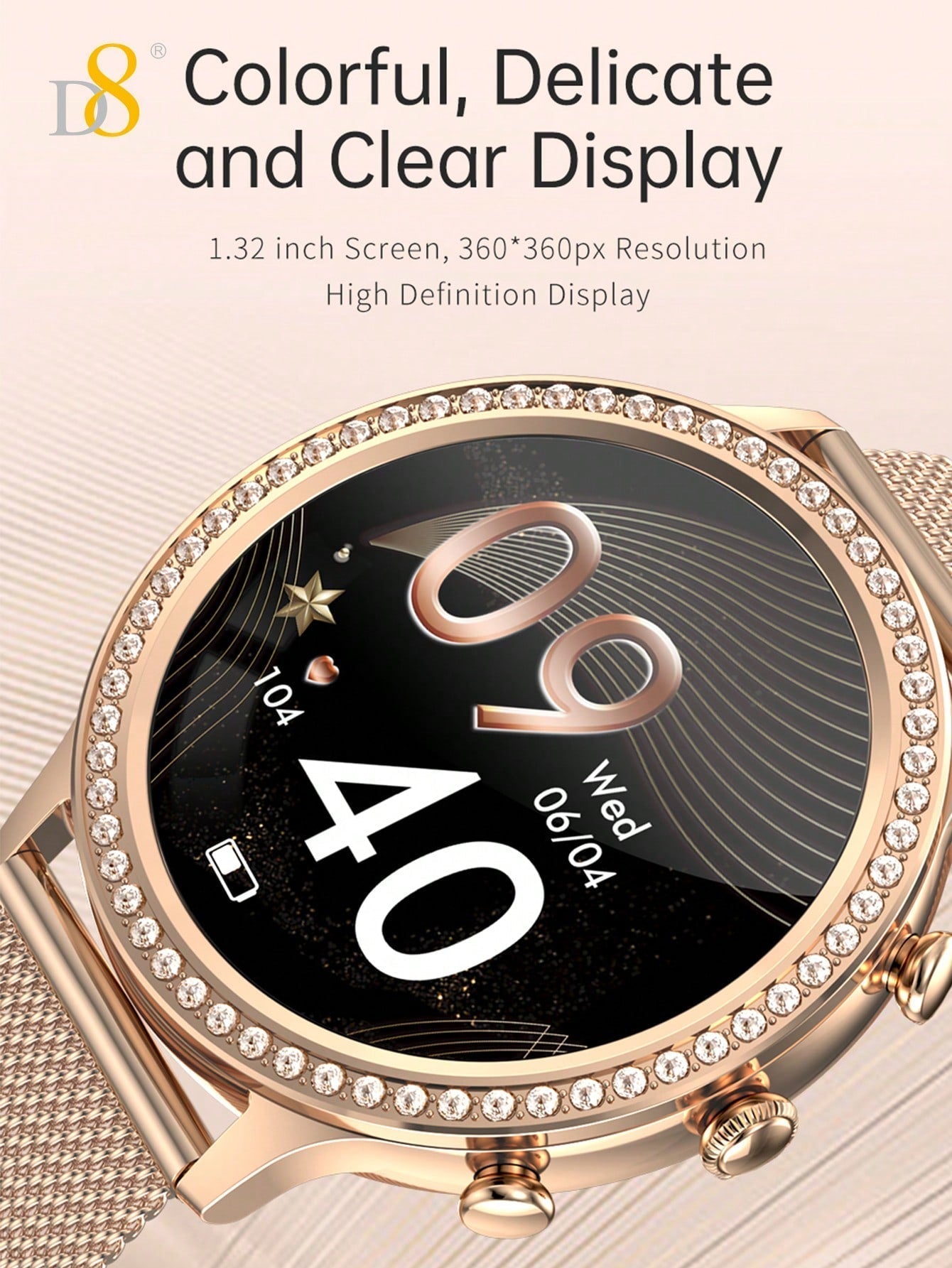 D8 Women's Smartwatch, 1.32", IP68 Waterproof, Diamond Bezel, 100+ Sports