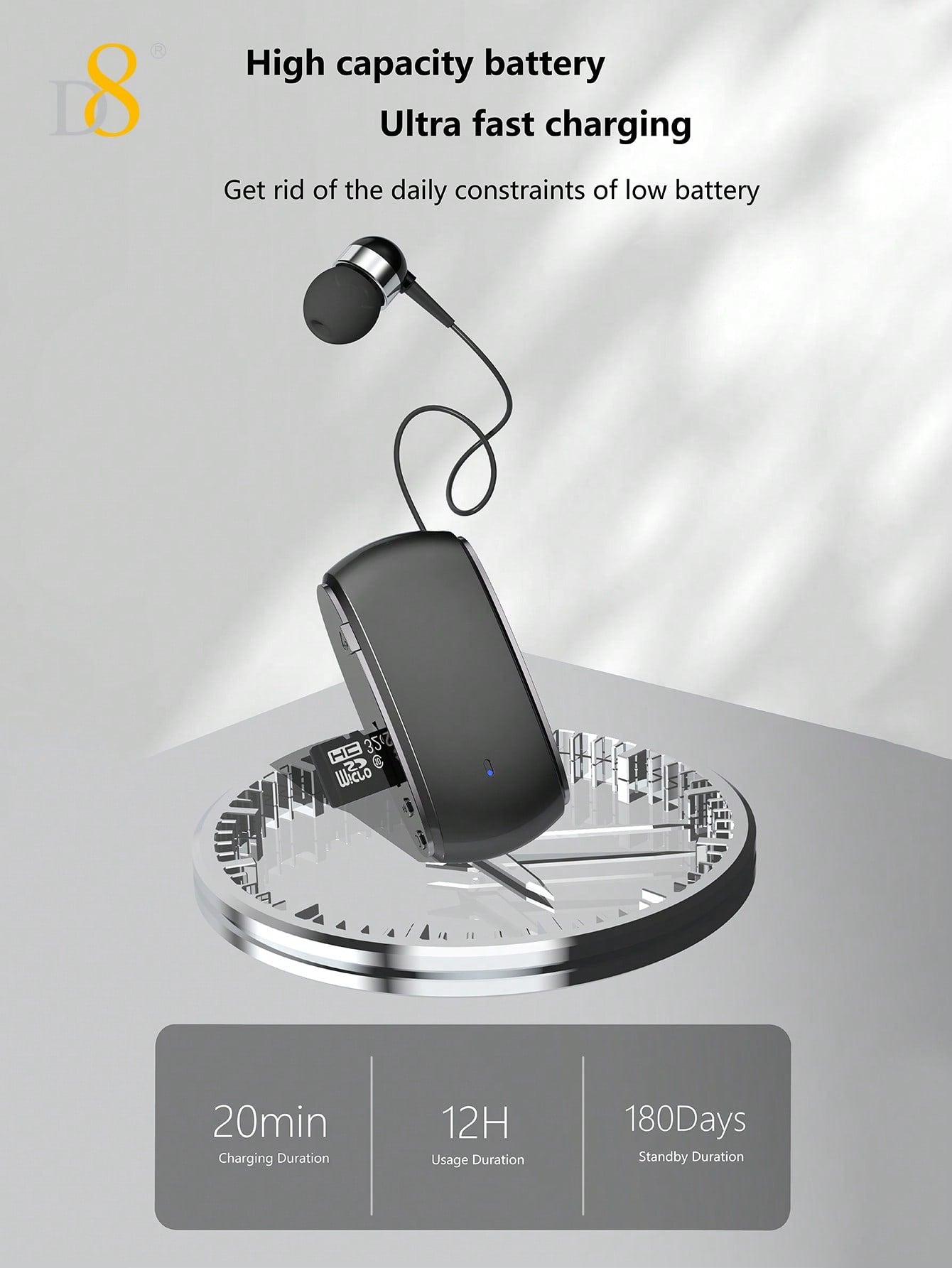 D8 Retractable Wireless Headset, V5.3 Noise Cancelling, 12Hrs Talk Time