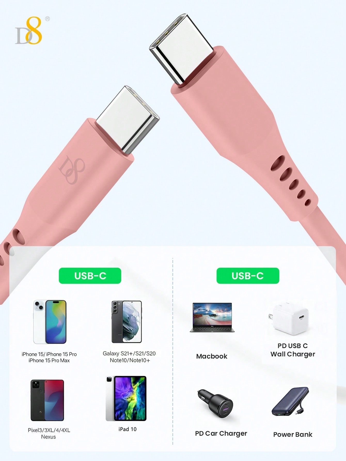 D8 USB C To USB C Cable, Soft Silicone USB C Cord, (1M)USB 2.0 Type C Charger Cable 3A Fast Charging Compatible With Macbook