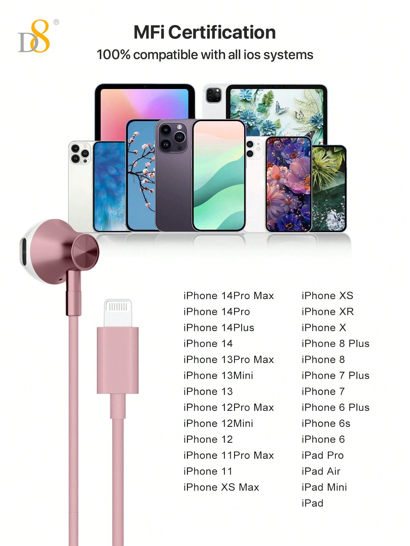 D8 Wired In-Ear Headphones with Lightning Connector – MFi Certified, Noise-Isolating, Mic & Volume Control