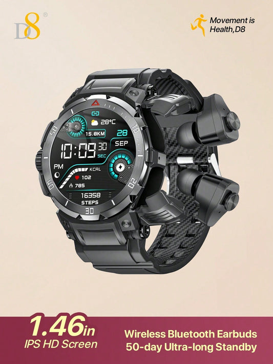 D8 Smartwatch with Earbuds, 1.46" HD, 110+ Fitness Modes, Android/iOS