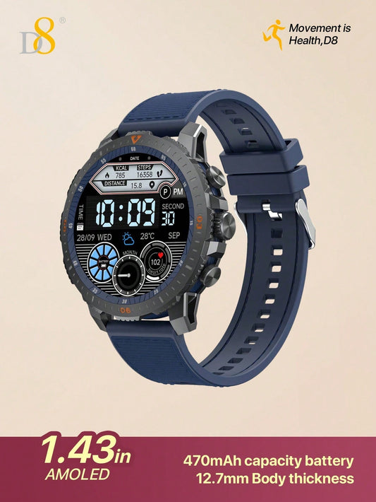 D8 Men's Rugged Smartwatch, 25-Day Battery, 1.43" AMOLED, IP67, 100 Sports