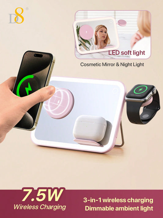 D8 3-In-1wireless Charging,7.5W Wireless Fast Charging,LED Soft Light,Dimmable Ambient Light,Cosmetic Mirror & Night Light,LED Natural Filllight Soft Warm Light, Not Harmful To Eyes