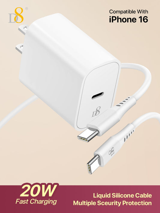 D8 PD20W USB C Fast Charger, PD Power Wall Charger,USB C to USB C Cable , iPhone15 Charger Fast Charging,3.3ft Long USB-C to USBC Power Cord Compatible with iPhone16/16pro/ 15/15 Pro/15 Plus/15 Pro Max, iPad Pro/Air/Mini MacBook, Galaxy S23+/S22 S21 S20