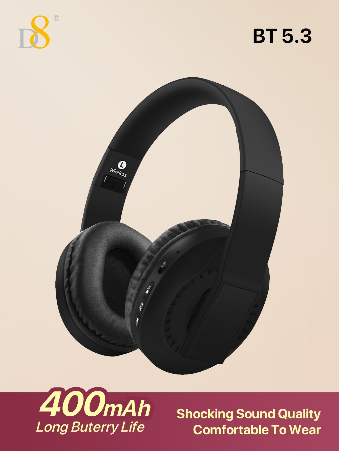 D8 Foldable Over-Ear Headphones, Wireless/Wired, Mic, Deep Bass, 10H Playtime