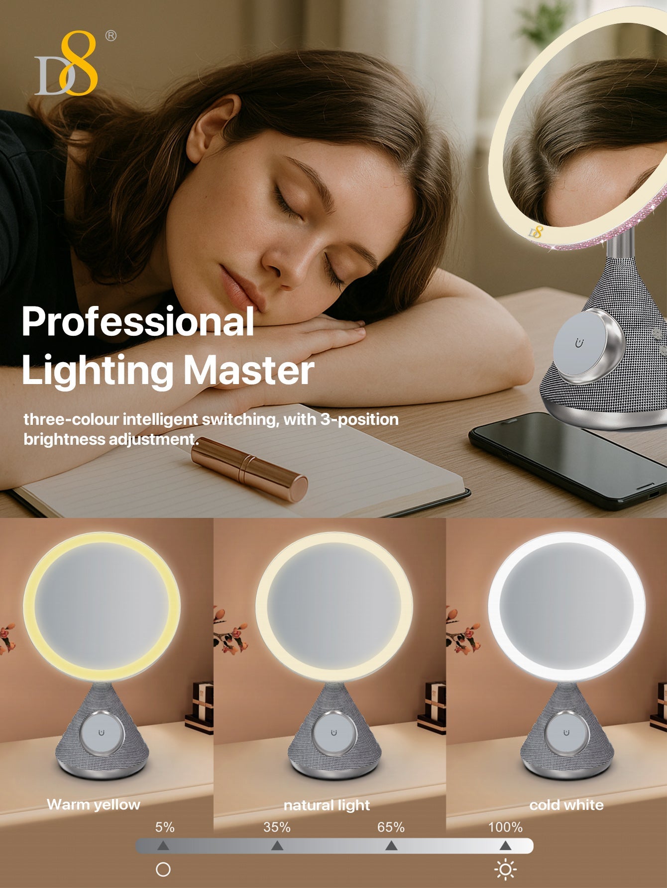 D8 15W Magnetic wireless Vanity Mirror with Bluetooth Speaker and Phone Holder LED Lighting, 15W Magnetic wireless Charger, for iPhone Compatible with iPhone 15/15Puls/15Pro/15Pro Max/14/ Max/13/13/12 Pro, Three adjustable LED lighting