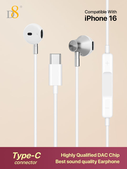 D8 Type C Headphones with Mic & Volume Control - In-Ear Earphones for iPhone 16, iPad Pro, Galaxy & More