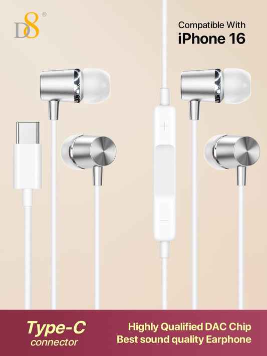 D8 USB-C Earbuds [2-Pack], In-Ear Headphones, Mic & Volume for iPhone/Samsung